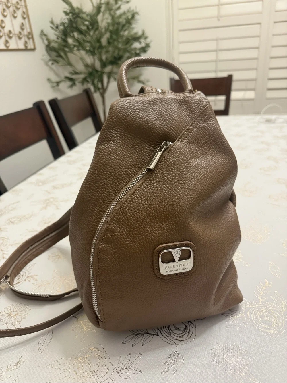 VALENTINA Italy Taupe Brown Pebbled Leather Backpack Convertible Sling Bag